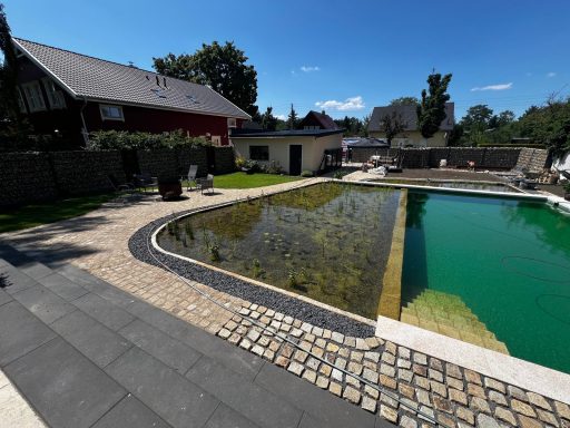Ein Pool mit grünem Wasser und umliegendem Garten, blauen Himmel im Hintergrund.